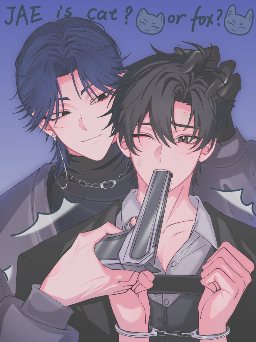 2boys, black_eyes, black_gloves, black_hair, black_jacket, black_shirt, blue_background, blue_hair, bound, bound_wrists, cheng_xiaoshi, collared_shirt, cuffs, dirty, dirty_face, earrings, english_text, gloves, grey_jacket, grey_vest, gun, gun_in_mouth, hand_on_another's_head, handcuffs, handgun, highres, holding, holding_gun, holding_weapon, jacket, jaelee, jewelry, long_sleeves, longdan_purple, looking_at_another, looking_at_viewer, male_focus, multiple_boys, necklace, official_alternate_costume, one_eye_closed, parted_bangs, revolver, shiguang_dailiren, shirt, short_hair, simple_background, smile, upper_body, vest, weapon, white_shirt, yaoi