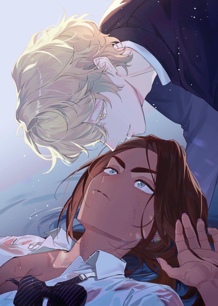 1boy, 1girl, alien_stage, black_bow, black_bowtie, black_jacket, blonde_hair, bow