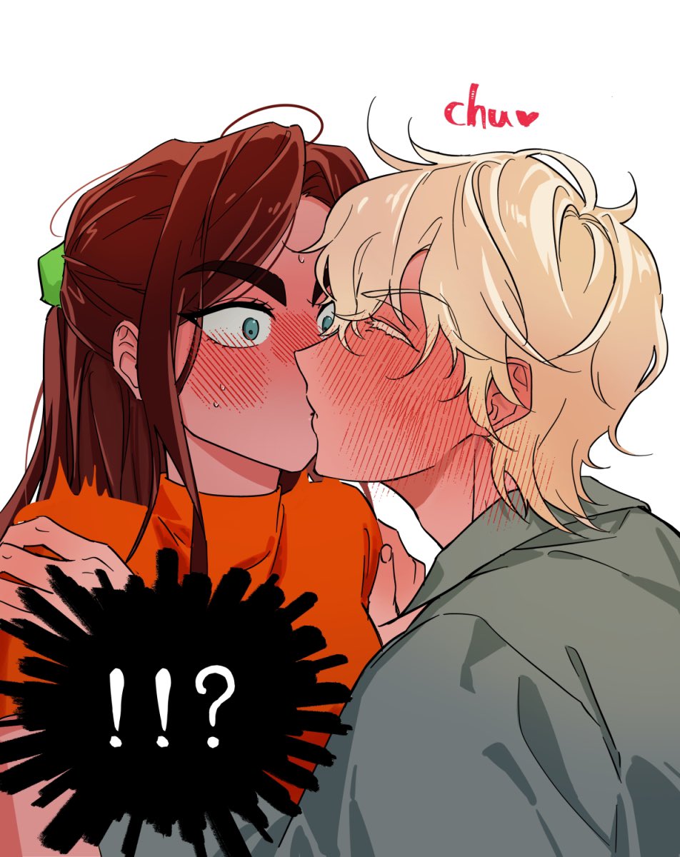 !?, 1boy, 1girl, alien_stage, blonde_hair, blush, brown_hair, chinese_commentary