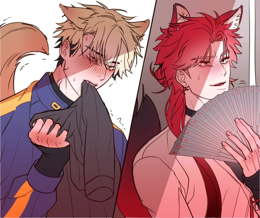 2boys, alternate_hairstyle, animal_ears, ankko0823, biting, biting_clothes, black_hair, black_shirt