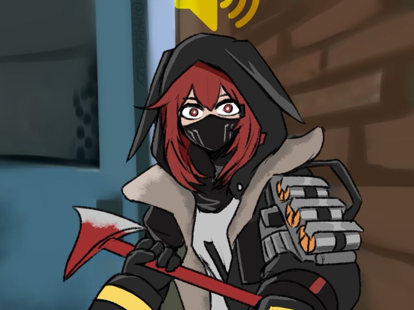 2girls, arknights, axe, black_gloves, black_jacket, brick_wall, che3zy, commentary