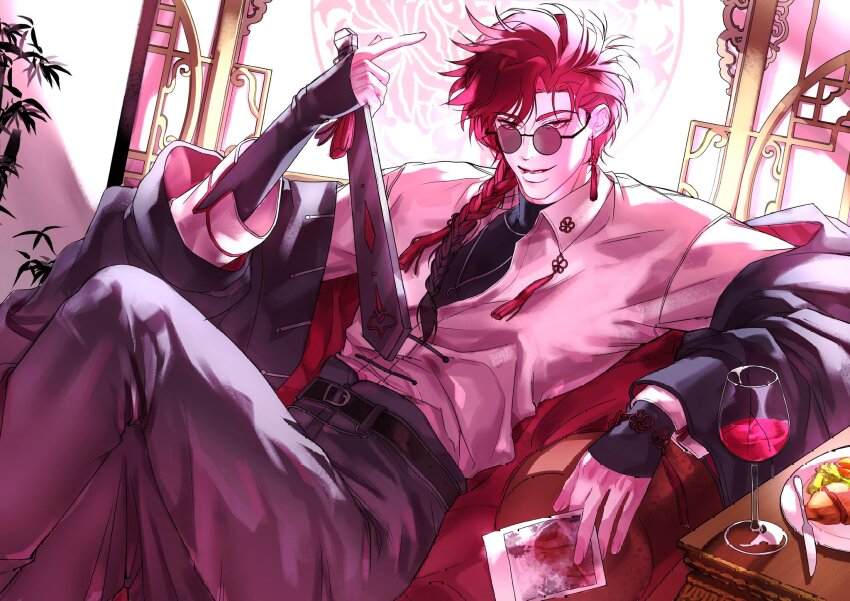 1boy, alcohol, ankko0823, belt, black_belt, black_jacket, black_pants, black_shirt