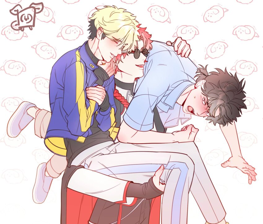 3boys, ankko0823, black_hair, black_jacket, black_pants, black_shirt, blonde_hair, blue_jacket