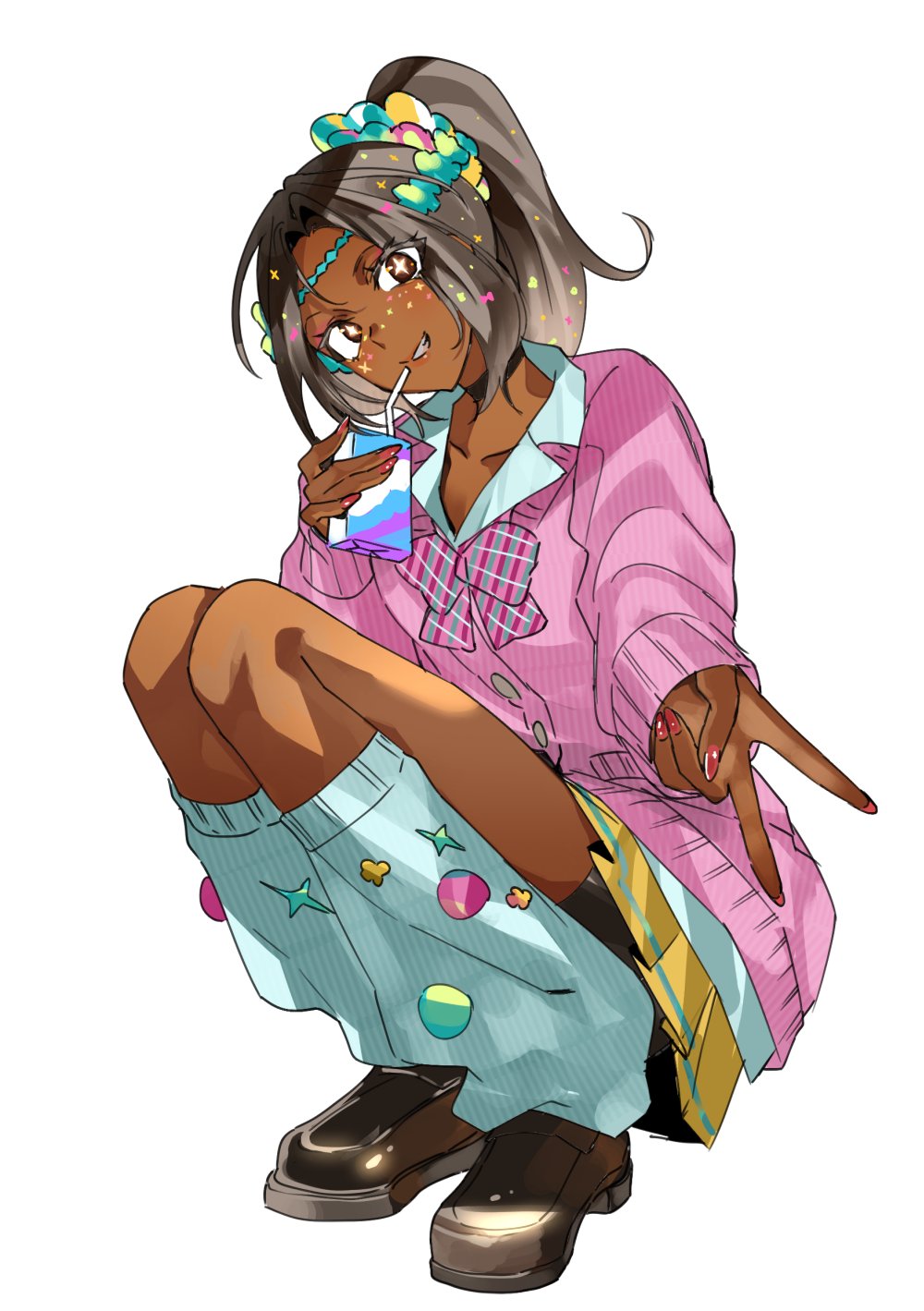 1girl, alternate_costume, black_shoes, cdgm000, dark-skinned_female, dark_skin, drink_carton, fire_emblem, fire_emblem_engage, highres, juice_box, nail_polish, nintendo, red_nails, shoes, solo, star-shaped_pupils, star_(symbol), symbol-shaped_pupils, timerra_(fire_emblem)