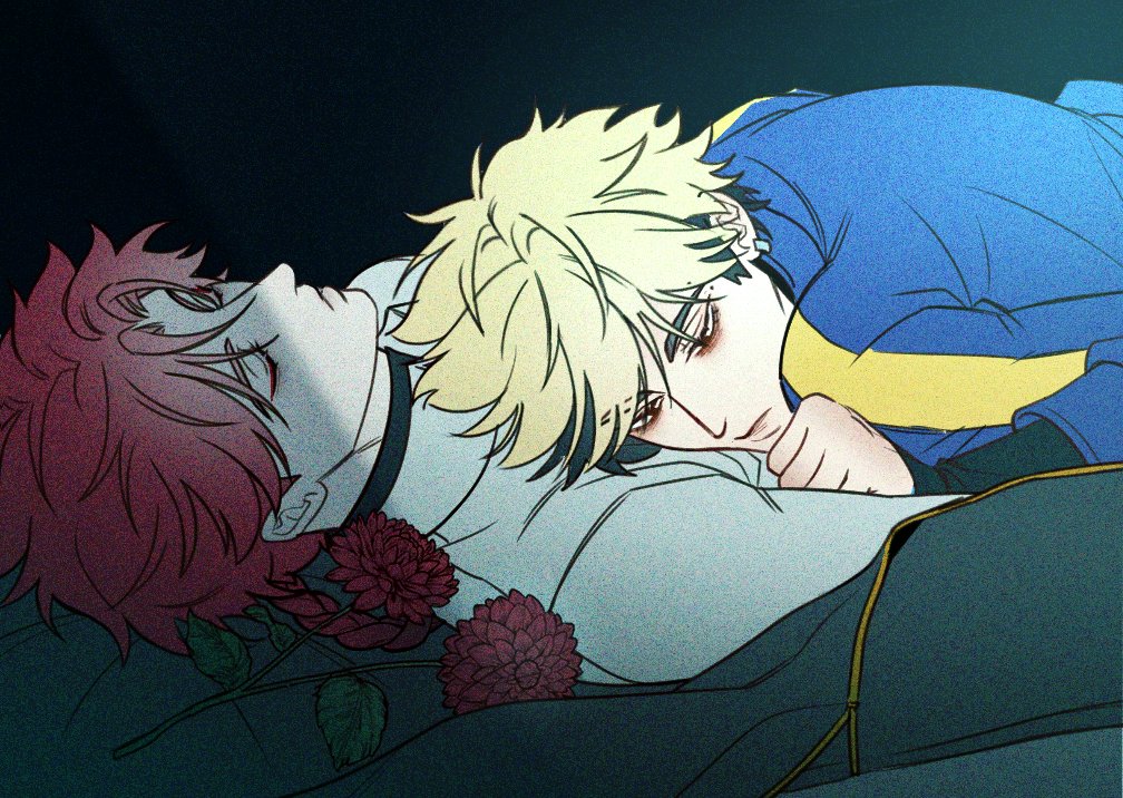 2boys, ankko0823, black_background, black_hair, black_shirt, blonde_hair, blue_jacket, braid