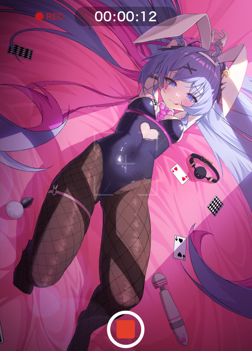 1girl, :q, animal_ears, black_pantyhose, blue_leotard, blush, bow, bowtie