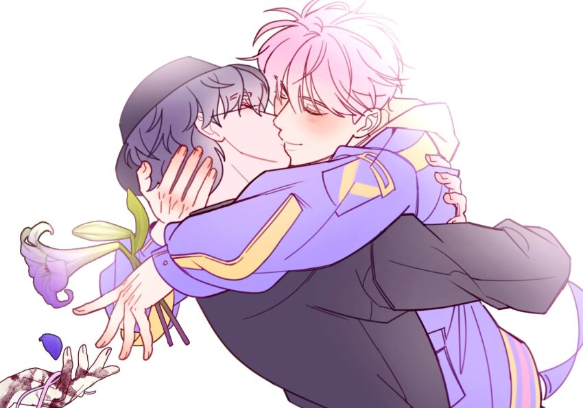 1other, 2boys, ankko0823, arms_around_neck, black_hat, black_jacket, blood, blood_on_hands