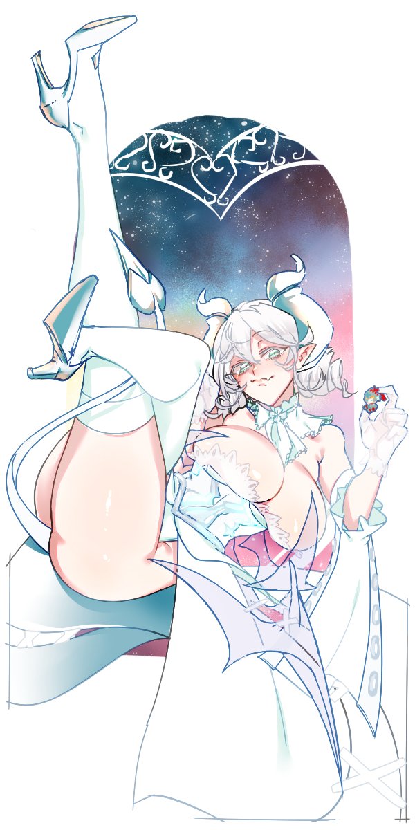 1girl, ass, bare_shoulders, breasts, cleavage, demon_girl, demon_horns, demon_tail, demon_wings, dress, drill_hair, duel_monster, full_body, grey_eyes, grey_hair, highres, holding, horns, knight_(yu-gi-oh!), large_breasts, legs_up, lovely_labrynth_of_the_silver_castle, seisei_neko, solo, strapless, strapless_dress, tail, transparent_wings, twin_drills, white_background, white_dress, wings, yu-gi-oh!