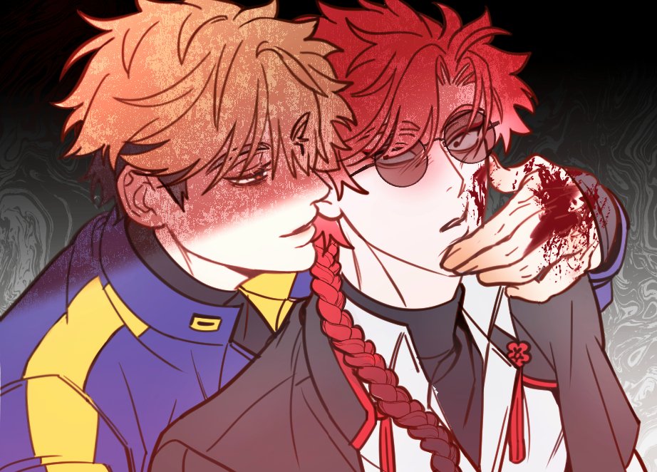 2boys, ankko0823, black_hair, black_jacket, black_shirt, blonde_hair, blood, blood_on_face, blood_on_hands, blood_splatter, blue_jacket, blush, braid, braided_ponytail, chinese_knot, collared_shirt, hand_on_another's_face, jacket, jacket_on_shoulders, long_hair, looking_at_another, male_focus, multicolored_hair, multiple_boys, open_mouth, orange_eyes, red_eyes, red_hair, shade, shiguang_dailiren, shirt, short_hair, single_braid, sunglasses, tassel, turtleneck, upper_body, white_shirt, xia_fei, xiao_weiying, yaoi