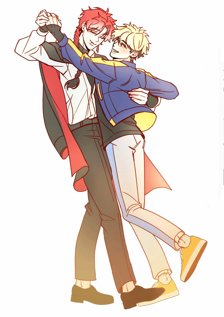 2boys, ankko0823, arm_around_another's_waist, black_hair, black_jacket, black_pants, black_shirt, black_shoes, blonde_hair, blue_jacket, blush, braid, braided_ponytail, closed_eyes, closed_mouth, collared_shirt, dancing, earrings, gloves, grey_pants, highres, holding_hands, jacket, jacket_on_shoulders, jewelry, long_hair, male_focus, multicolored_hair, multiple_boys, open_mouth, pants, red_hair, shiguang_dailiren, shirt, shoes, short_hair, single_braid, single_earring, sleeves_past_wrists, smile, tassel, tassel_earrings, turtleneck, two-sided_fabric, white_background, white_shirt, xia_fei, xiao_weiying, yaoi, yellow_shoes