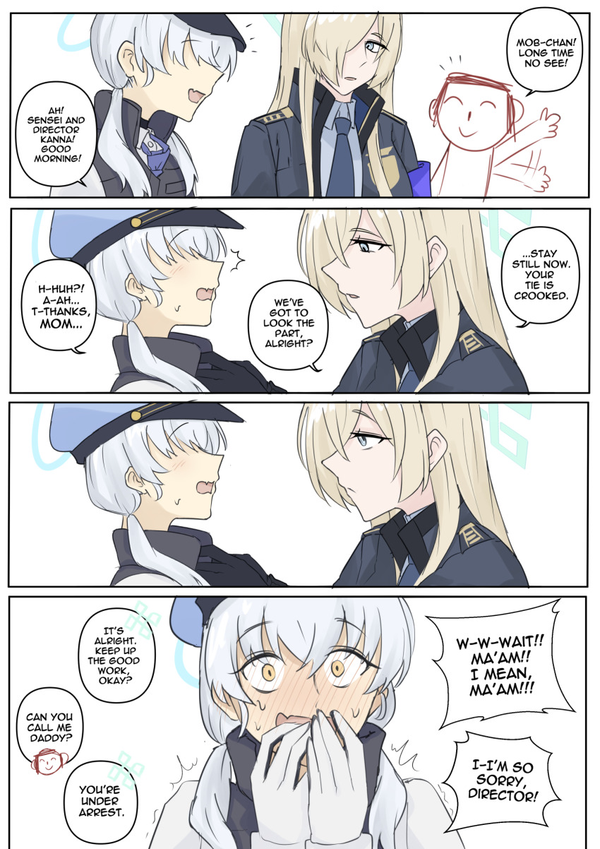 1boy, 2girls, blonde_hair, blue_archive, doodle_sensei_(blue_archive), embarrassed, english_text, expressionless