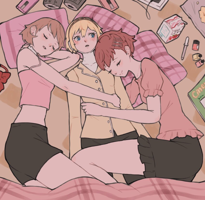 3girls, aigis_(persona), android, blonde_hair, blue_eyes, blush, bow, bowtie