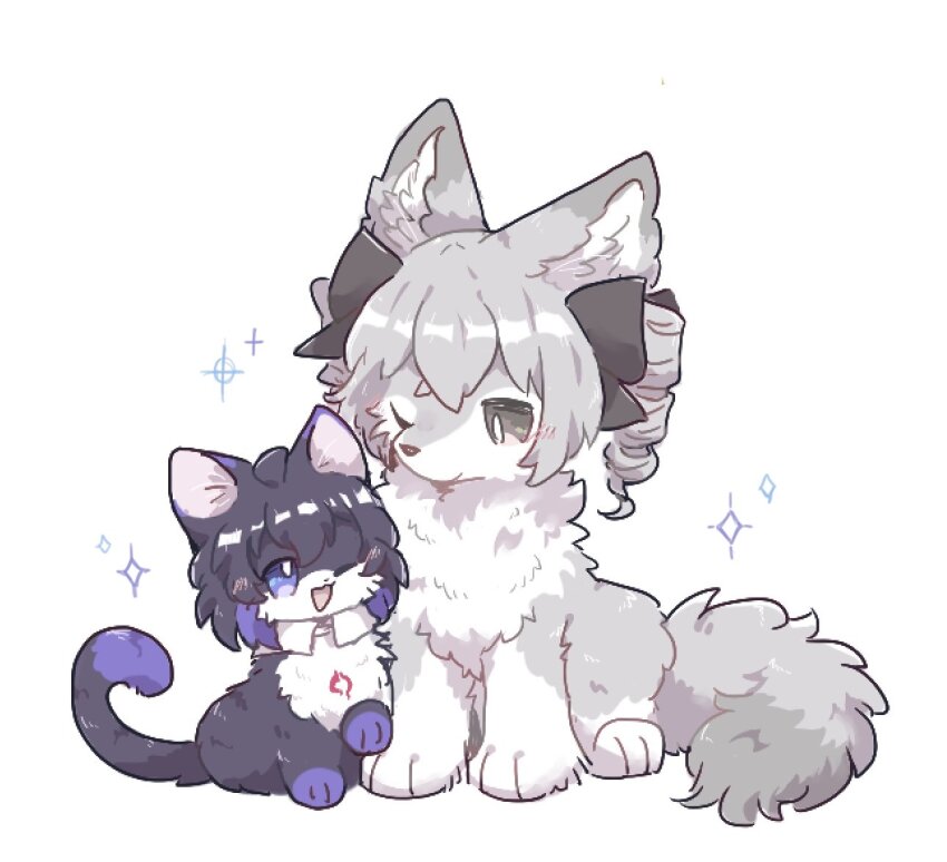 2girls, ahoge, animal_ears, animalization, black_fur, black_ribbon, blush, bronya_zaychik