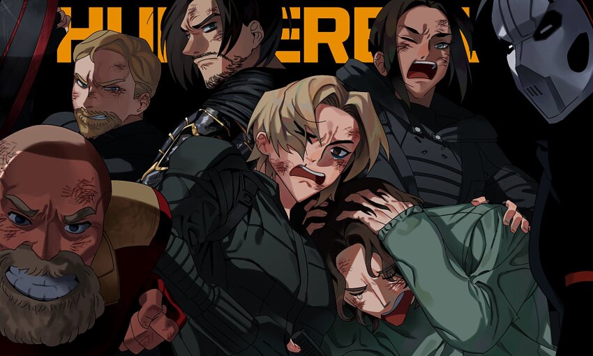 beard, belt, black_gloves, black_hair, blonde_hair, bodysuit, brown_hair, bucky_barnes