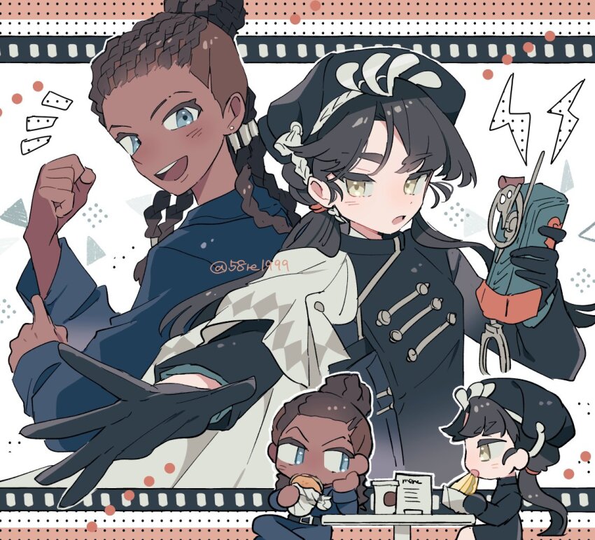 2girls, :d, :o, beret, black_dress, black_gloves, black_hair, black_hat