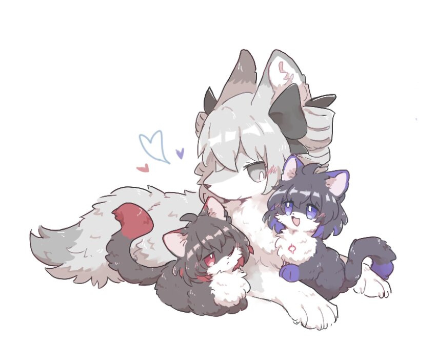 3girls, animal_ears, animalization, black_fur, black_ribbon, blush, bronya_zaychik, cat, cat_ears, cat_tail, drill_hair, grey_eyes, grey_fur, haneko0216, heart, highres, honkai_(series), honkai_impact_3rd, multiple_girls, no_humans, one_eye_closed, open_mouth, purple_eyes, red_eyes, ribbon, seele_(alter_ego), seele_vollerei, smile, tail, twin_drills, white_background, wolf, wolf_ears, wolf_tail