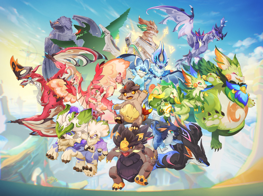 ^_^, ajaw_(genshin_impact), aratakosu_(tako's), arm_up, arms_up, blue_eyes, blue_sky, brown_eyes, cacucu_(genshin_impact), chromatic_aberration, claws, closed_eyes, closed_mouth, cloud, cloudy_sky, colored_sclera, commentary_request, day, dragon, eyepatch, fangs, floating_island, flying, genshin_impact, green_eyes, holawaqa_ngoubou_(genshin_impact), iktomisaurus_(genshin_impact), koholasaurus_(genshin_impact), kongamato_(genshin_impact), kukulkan_(genshin_impact), little_one_(genshin_impact), looking_at_viewer, medical_eyepatch, mountain, och-kan_(genshin_impact), one_eye_covered, open_mouth, outdoors, purple_eyes, purple_sclera, qucusaurus_(genshin_impact), red_eyes, red_sclera, sky, spiked_tail, spiked_wings, spikes, tail, tatankasaurus_(genshin_impact), tepetlisaurus_(genshin_impact), tusks, yumkasaurus_(genshin_impact)