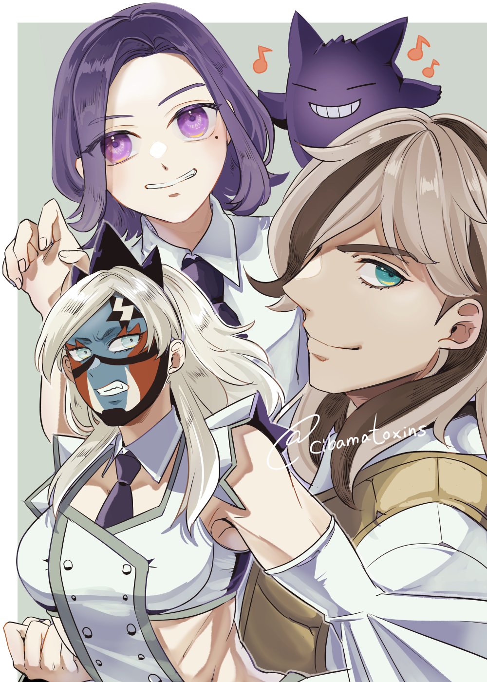 1boy, 2girls, aqua_eyes, arven_(pokemon), blonde_hair, breasts, brown_hair, cibamatoxins, clenched_teeth, closed_eyes, commentary_request, detached_sleeves, eri_(pokemon), facepaint, gen_1_pokemon, gengar, grin, hair_over_one_eye, highres, juliana_(pokemon), large_breasts, long_hair, medium_hair, mole, mole_under_eye, multicolored_hair, multiple_girls, necktie, nintendo, pokemon, pokemon_(creature), pokemon_scarlet_and_violet, purple_eyes, purple_hair, purple_necktie, smile, streaked_hair, teeth, toyota_hiace, twitter_username, two-tone_hair