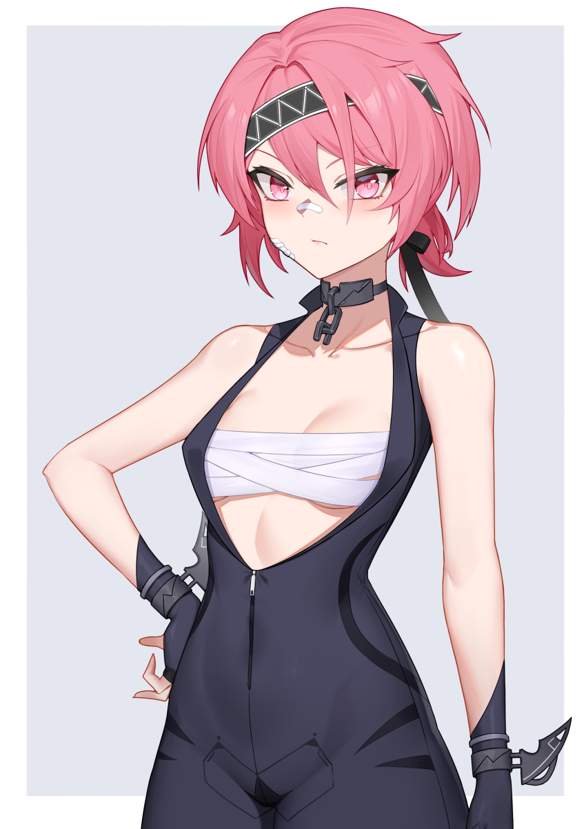 1girl, absurdres, breasts, collar, fingerless_gloves, fuchsia_(strinova), gloves, headband