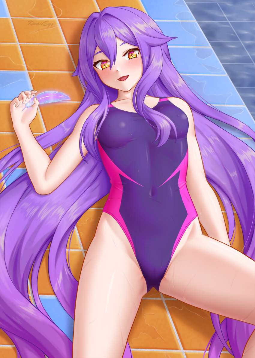 1girl, absurdres, competition_swimsuit, covered_navel, cowboy_shot, feathers, hair_between_eyes, highleg