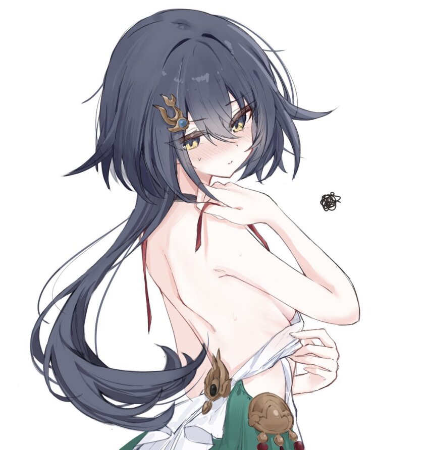 1girl, ame_amean, back, backless_dress, backless_outfit, black_hair, blush, breasts, commentary_request, dress, from_side, hair_ornament, honkai:_star_rail, honkai_(series), long_hair, sideboob, simple_background, small_breasts, solo, upper_body, white_background, white_dress, yellow_eyes, yunli_(honkai:_star_rail)