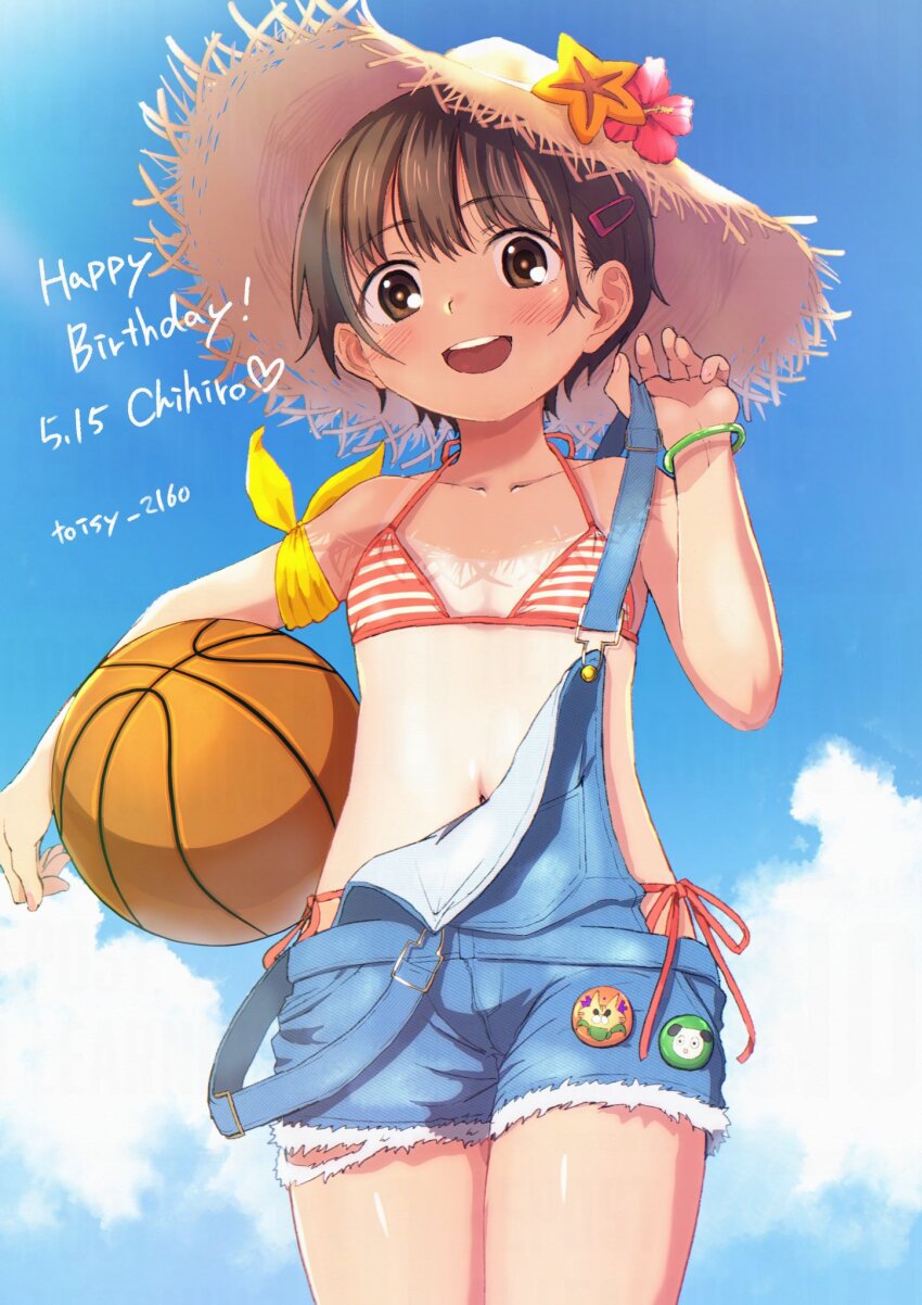 1girl, armband, artist_name, ball, basketball_(object), bikini, blush, boku_no_kokoro_no_yabai_yatsu