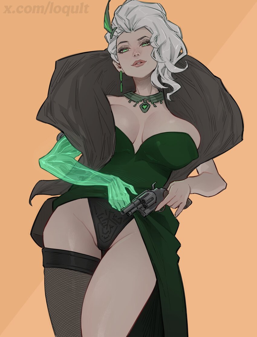 1girl, breasts, clothes_lift, deadlock_(game), dress, dress_lift, fishnet_thighhighs, fishnets, green_dress, green_eyes, gun, handgun, highres, jewelry, lady_geist_(deadlock), large_breasts, lips, loqu1t, medium_hair, panties, revolver, simple_background, single_thighhigh, thighhighs, underwear, weapon, white_hair