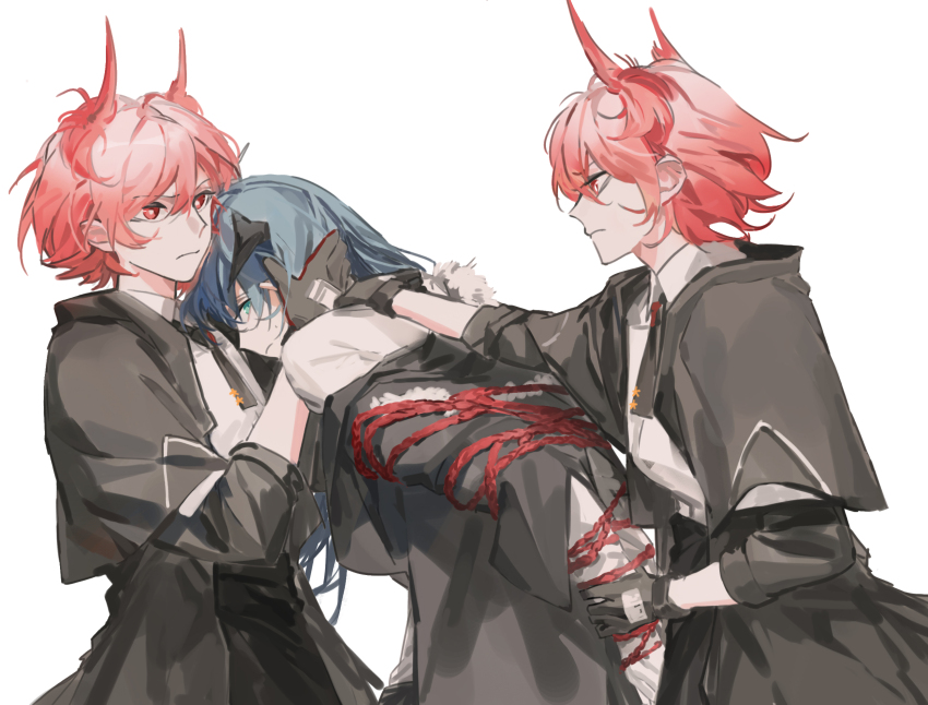 3girls, aqua_eyes, arknights, bdsm, black_horns, black_jacket, black_necktie, blue_hair, bondage, bound, bound_arms, commentary, dual_persona, english_commentary, feather_hair, fiammetta_(arknights), frown, g_xio111, hand_on_another's_head, hand_on_another's_neck, highres, horns, jacket, looking_at_another, mostima_(arknights), multiple_girls, necktie, red_eyes, red_hair, restrained, shirt, short_hair, short_necktie, sideways_glance, simple_background, three-quarter_sleeves, white_background, white_shirt, yuri