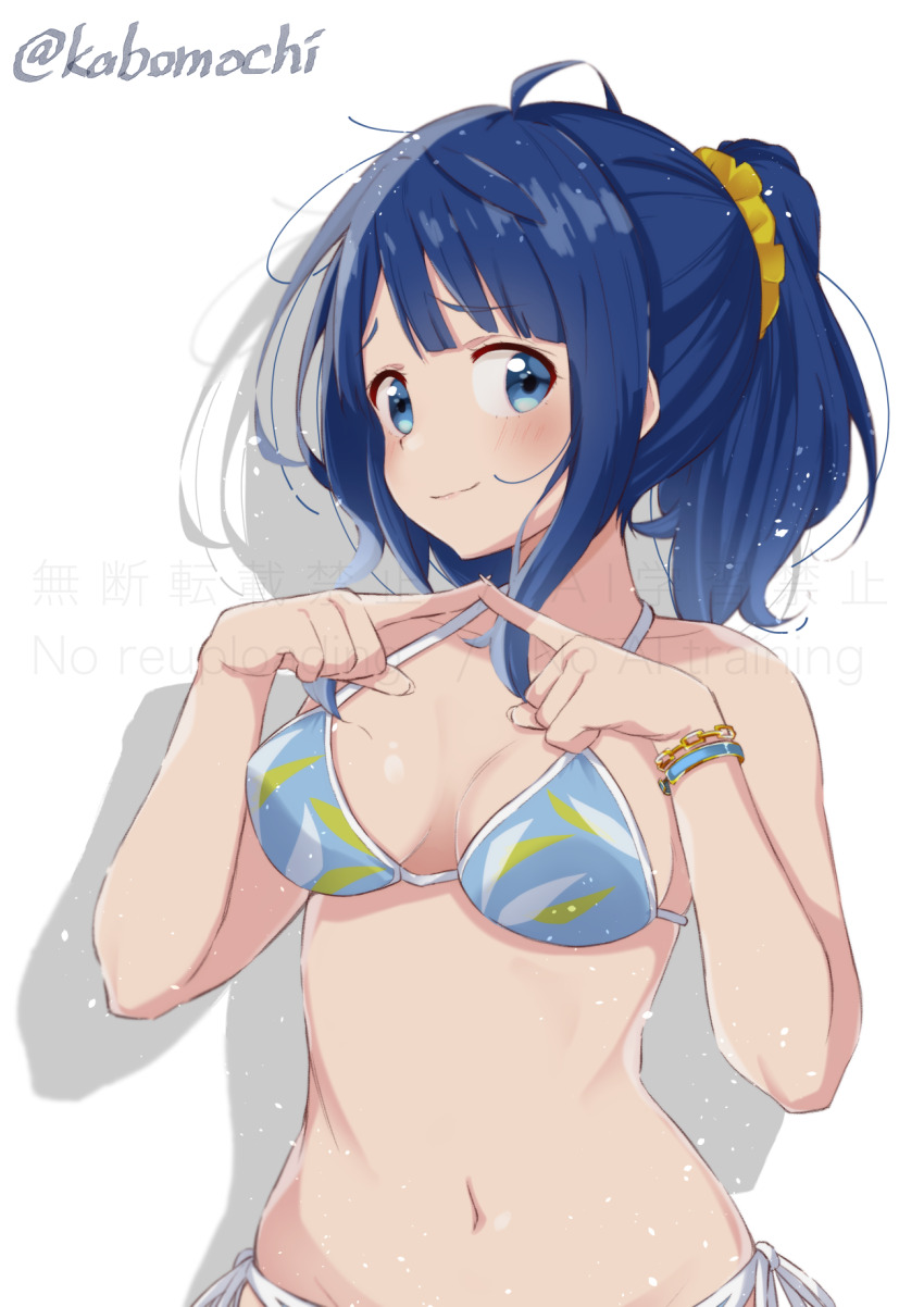 1girl, ahoge, bikini, blue_bikini, blue_eyes, blue_hair, blush, bracelet, breasts, closed_mouth, commentary, hair_ornament, hair_scrunchie, high_ponytail, highres, index_fingers_together, jewelry, large_breasts, looking_at_viewer, make_heroine_ga_oo_sugiru!, medium_hair, multiple_bracelets, navel, oyatsu_(1727318), ponytail, print_bikini, scrunchie, shadow, side-tie_bikini_bottom, simple_background, smile, solo, swimsuit, twitter_username, upper_body, white_background, yanami_anna, yellow_scrunchie