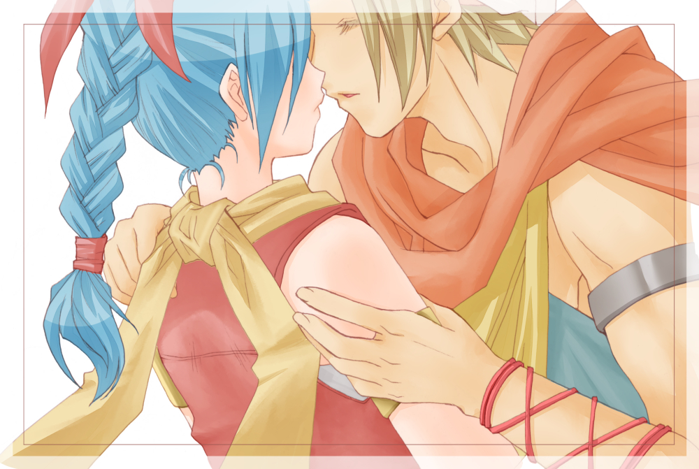 1boy, 1girl, aqua_shirt, armlet, blonde_hair, blue_hair, bracelet, braid