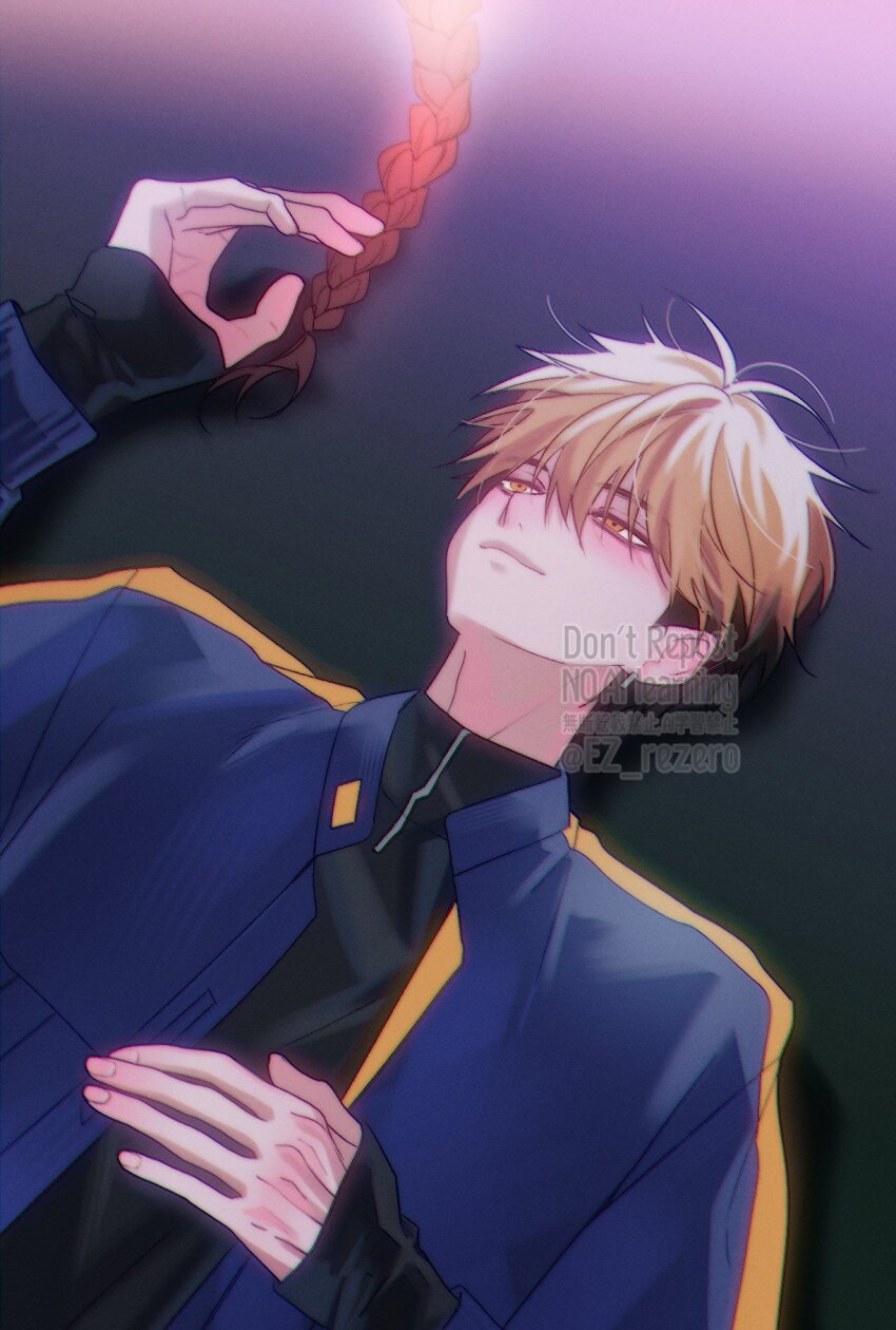 2boys, antenna_hair, black_hair, black_shirt, blonde_hair, blue_jacket, braid, braided_ponytail