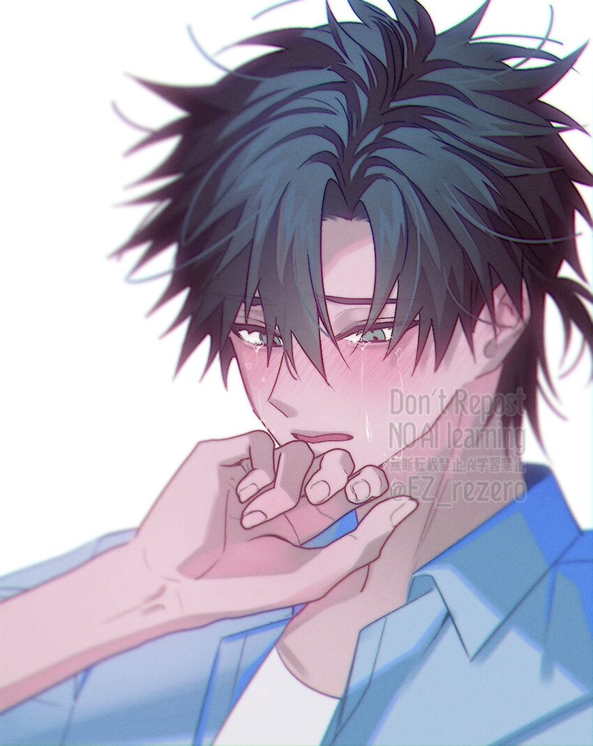 1boy, black_hair, blush, cheng_xiaoshi, cheng_xiaoshi_(bridon), collared_shirt, crying, crying_with_eyes_open