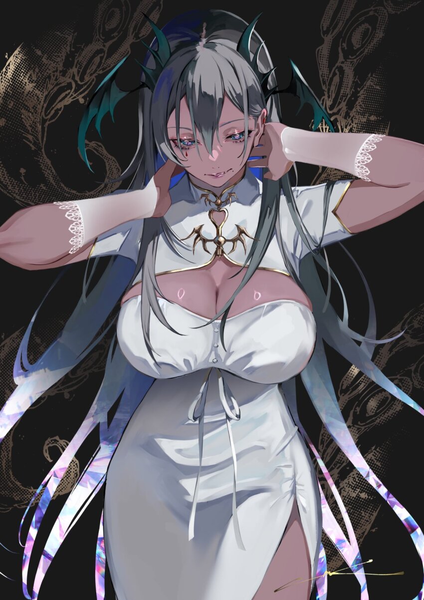 1girl, arm_warmers, blue_eyes, blue_hair, breasts, cleavage, cleavage_cutout, clothing_cutout