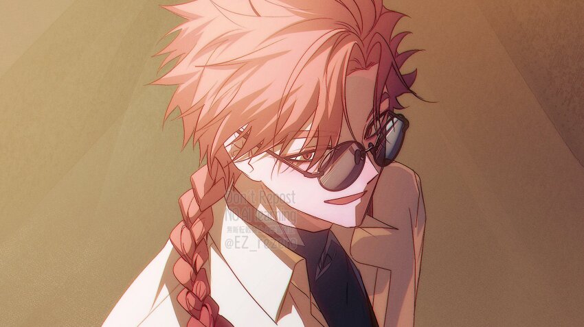 1boy, black_shirt, braid, brown_background, ez_rezero, highres, long_hair, looking_at_viewer