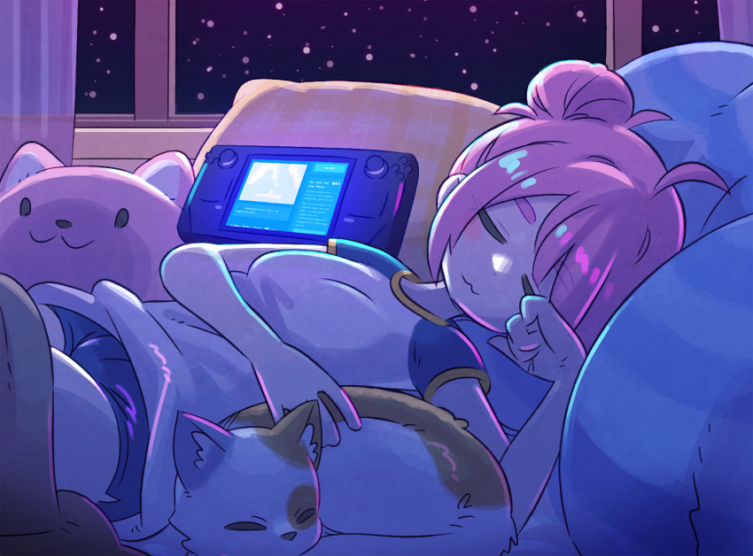 1girl, :3, ahoge, bed, blanket, blue_shorts, blush, breasts, cat, closed_eyes, closed_mouth, curtains, hair_bun, handheld_game_console, highres, indoors, lying, medium_breasts, night, nintendo_switch, on_back, picogames_off, pillow, pink_hair, raglan_sleeves, shirt, short_hair, short_shorts, short_sleeves, shorts, single_hair_bun, sky, sleeping, solo, star_(sky), starry_sky, steam_(platform), steam_deck, steam_delivery_girl, stuffed_animal, stuffed_toy, thick_eyebrows, under_covers, white_shirt, window