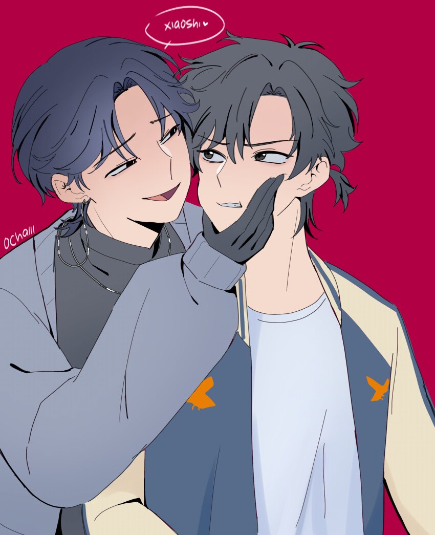 2boys, absurdres, artist_name, black_eyes, black_gloves, black_hair, black_shirt, blue_hair