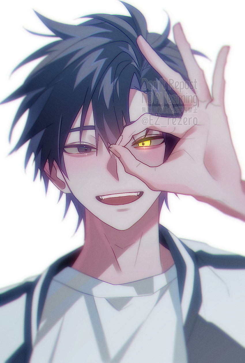 1boy, :d, black_eyes, black_hair, black_jacket, blurry, blurry_foreground, cheng_xiaoshi