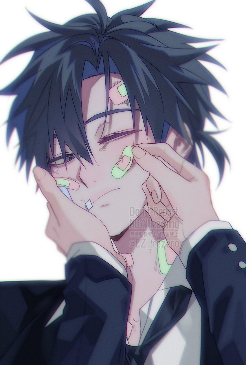 1boy, 1other, alternate_costume, bandaid, bandaid_on_cheek, bandaid_on_face, bandaid_on_neck, black_eyes