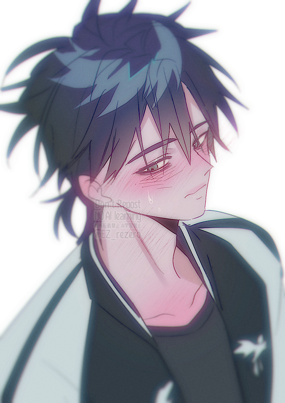 1boy, black_hair, black_jacket, black_shirt, blurry, blurry_foreground, blush, cheng_xiaoshi, closed_mouth, collarbone, ez_rezero, grey_eyes, hair_between_eyes, highres, jacket, looking_down, male_focus, messy_hair, multicolored_jacket, open_clothes, open_jacket, ponytail, shiguang_dailiren, shirt, short_hair, short_ponytail, simple_background, solo, spiked_hair, sweatdrop, twitter_username, upper_body, watermark, white_background