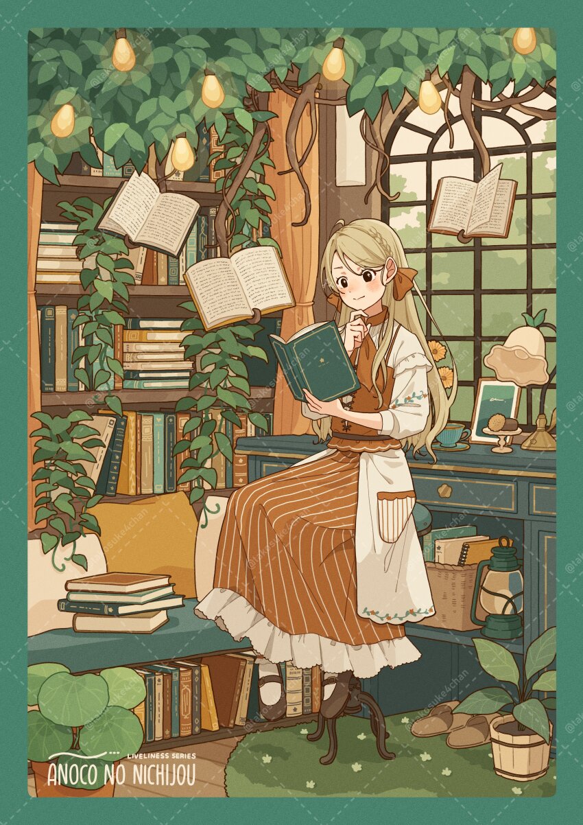 1girl, absurdres, artist_name, basket, black_eyes, black_shoes, blonde_hair, blue_border, blush, book, book_stack, bookshelf, border, bow, braid, branch, brown_bow, brown_dress, brown_eyes, brown_ribbon, brown_shoes, brown_vest, cabinet, chair, closed_mouth, collared_dress, crown_braid, curtains, day, desk, desk_lamp, drawer, dress, finger_to_own_chin, floating, floating_book, floating_object, flower, flower_pot, foliage, frilled_dress, frills, full_body, hair_bow, hair_ribbon, hand_on_own_chin, hanging_light, hanging_plant, highres, holding, holding_book, indoors, jacket, lamp, lantern, leaf, levitation, light_bulb, long_dress, long_hair, long_sleeves, looking_at_object, mary_janes, mushroom, open_book, open_clothes, orange_bow, orange_dress, orange_ribbon, original, picture_frame, pinafore_dress, plant, pocket, potted_plant, reading, ribbon, shelf, shoes, sitting, sleeveless, sleeveless_dress, smile, socks, solo, stool, striped_clothes, striped_dress, stroking_own_chin, table, takosuke_(gyzp7373), tree, tree_stump, vertical-striped_clothes, vertical-striped_dress, vest, vines, watermark, white_border, white_jacket, white_socks, window, windowsill