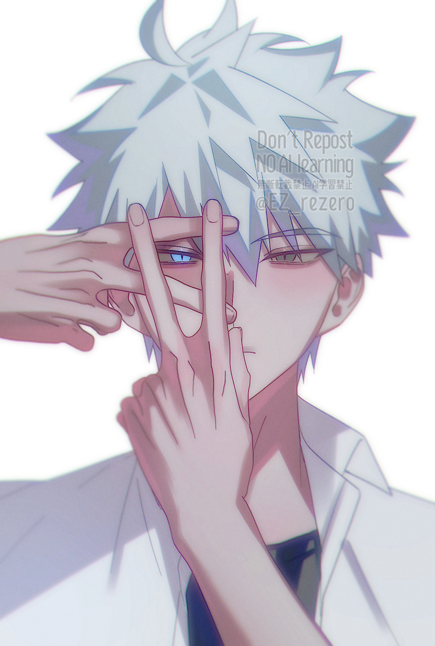 1boy, black_shirt, blue_eyes, blush, closed_mouth, collared_shirt, ez_rezero, finger_frame