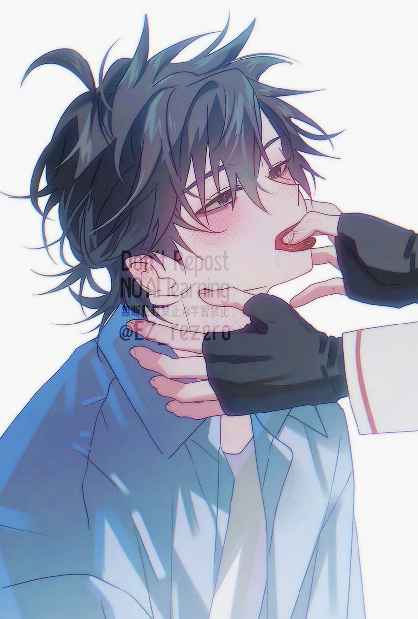 2boys, ahoge, black_eyes, black_gloves, black_hair, blue_shirt, blush, cheng_xiaoshi, cheng_xiaoshi_(bridon), collared_shirt, ez_rezero, finger_in_another's_mouth, fingerless_gloves, gloves, hair_between_eyes, hand_on_another's_face, highres, licking, licking_another's_finger, licking_finger, long_sleeves, looking_at_another, male_focus, multiple_boys, official_alternate_costume, open_clothes, open_mouth, open_shirt, out_of_frame, ponytail, saliva, shiguang_dailiren, shirt, short_hair, short_ponytail, simple_background, solo_focus, tongue, tongue_out, twitter_username, upper_body, watermark, white_background, white_shirt, xiao_weiying, yaoi