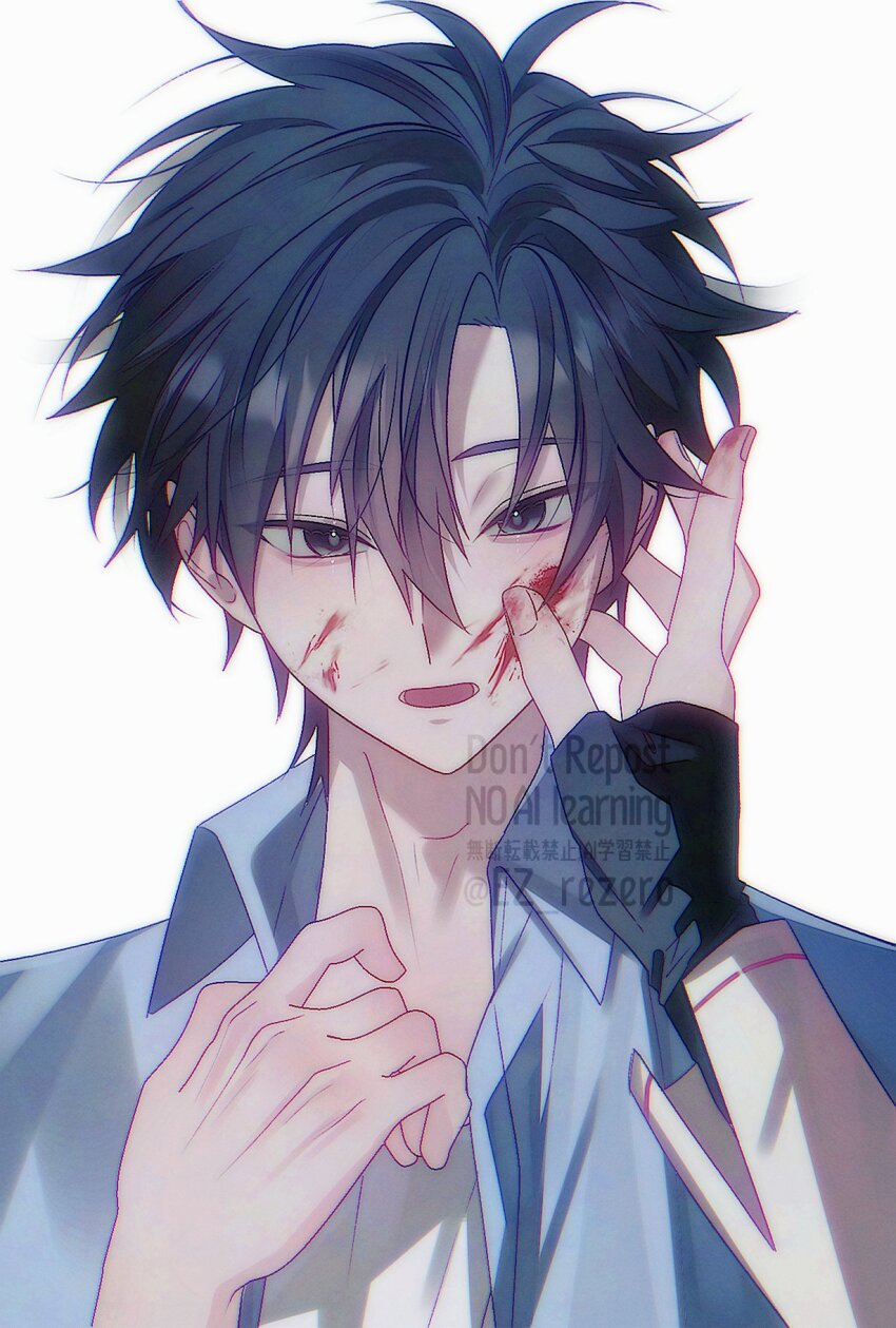 2boys, black_eyes, black_hair, black_shirt, blood, blood_on_face, blood_on_hands, blue_shirt