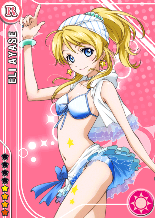 1girl, anime_coloring, ayase_eli, bikini, bikini_skirt, blonde_hair, blue_bikini, blue_eyes