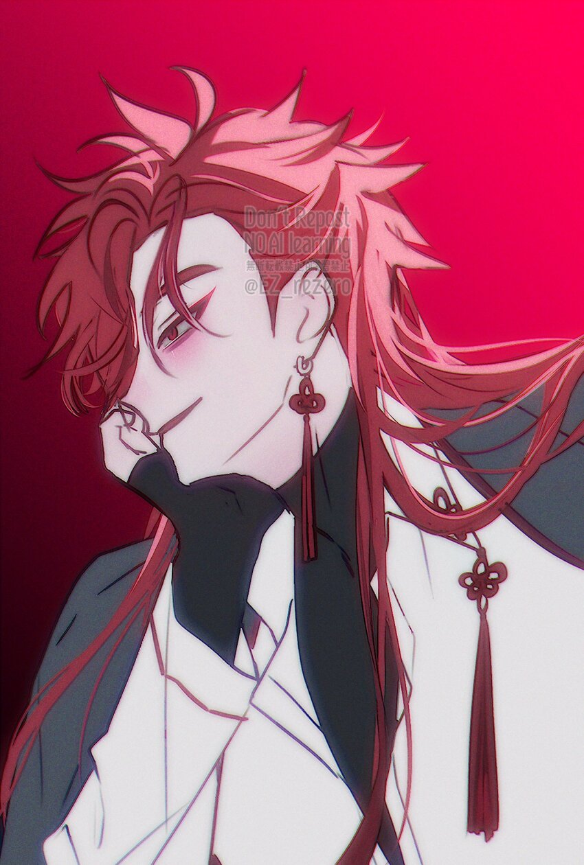 1boy, black_jacket, black_shirt, blush, chinese_clothes, chinese_knot, collared_shirt, earrings