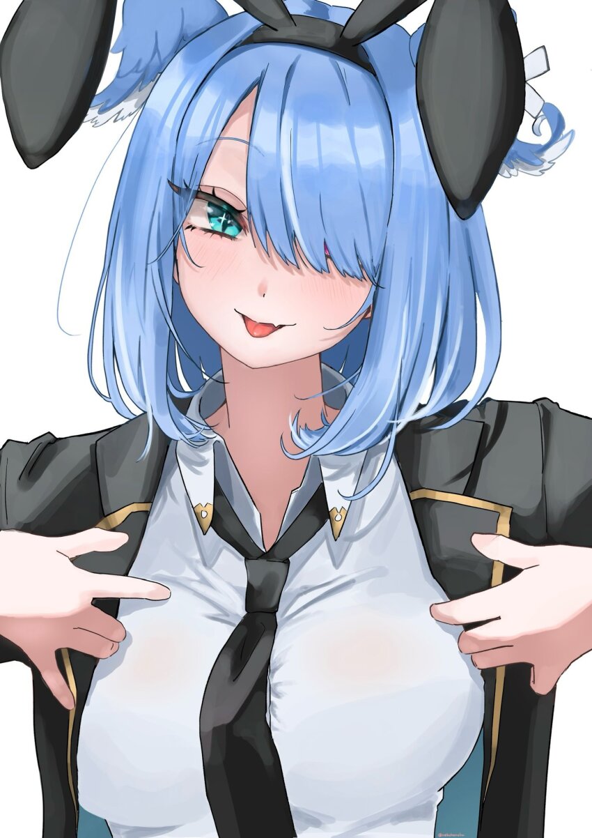1girl, :p, animal_ears, aqua_eyes, black_necktie, blue_hair, breasts, commentary_request, cross-shaped_pupils, eisei_neko, elira_pendora, fake_animal_ears, fang, hair_over_one_eye, head_wings, highres, jacket, large_breasts, looking_at_viewer, loose_necktie, medium_hair, necktie, nijisanji, nijisanji_en, open_clothes, open_jacket, rabbit_ears, shirt, simple_background, skin_fang, solo, sparkling_eyes, symbol-shaped_pupils, taut_clothes, taut_shirt, tongue, tongue_out, virtual_youtuber, white_background, wings