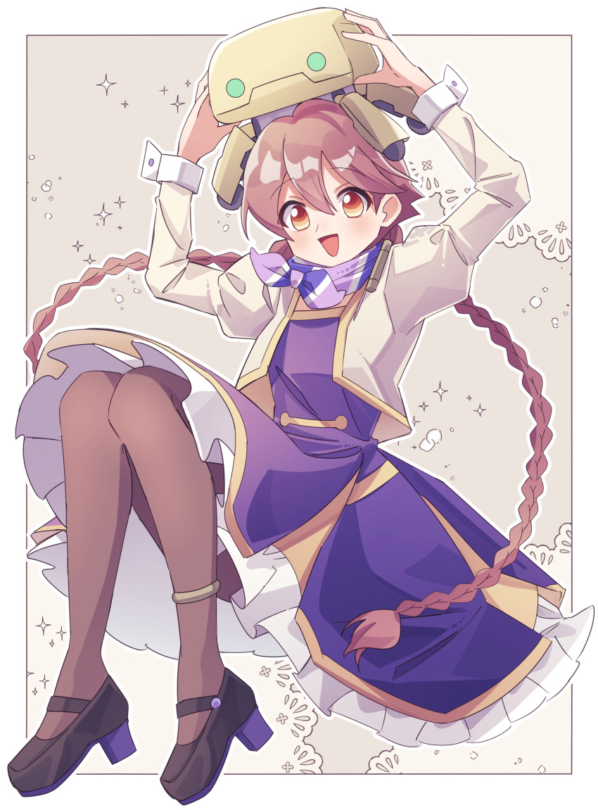 1girl, :d, absurdres, anklet, apocalypse_hotel, arms_up, black_shoes, braid