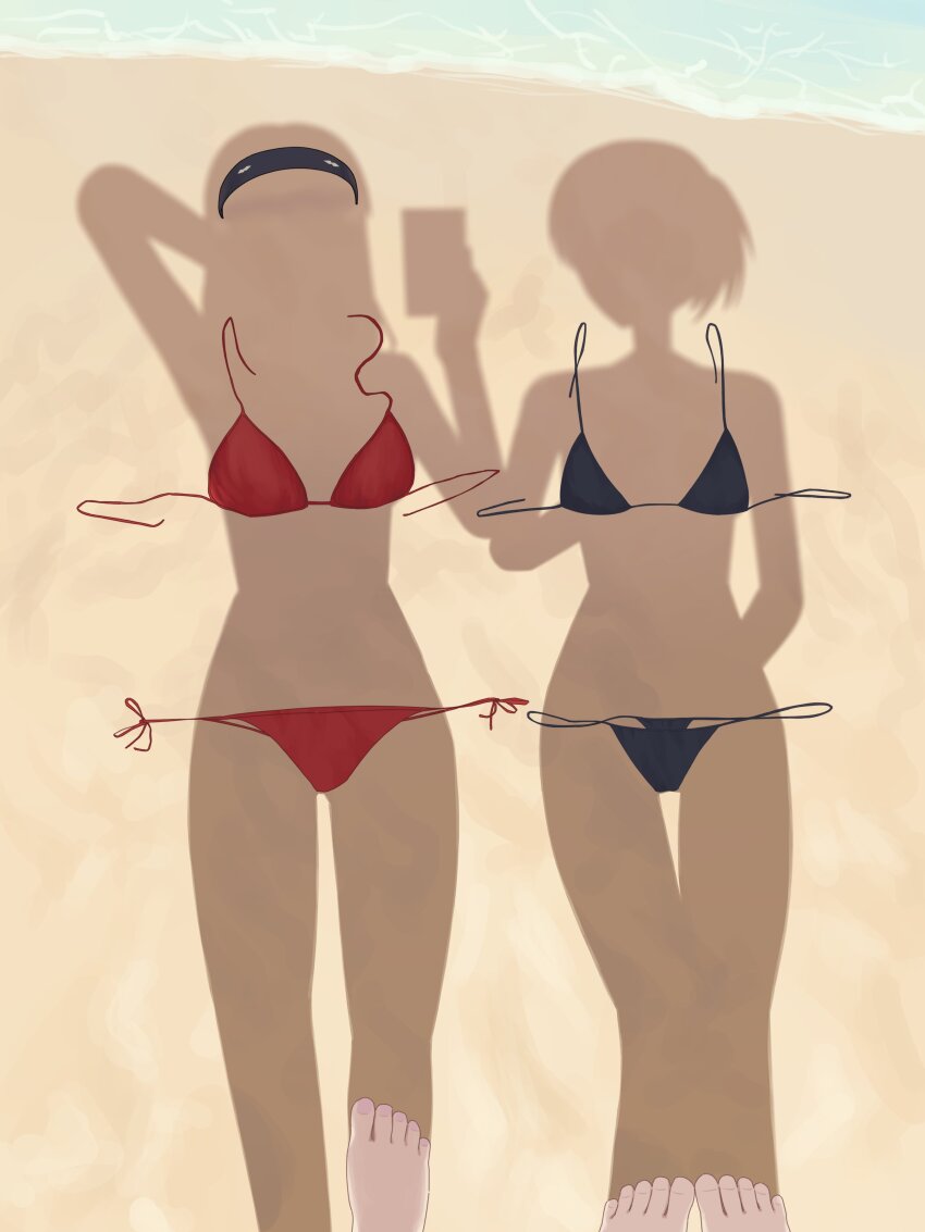 2girls, absurdres, amagami, barefoot, beach, bikini, black_bikini, breasts