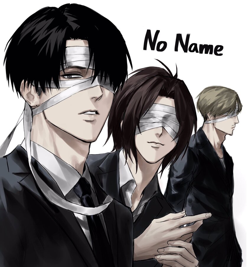 1other, 2boys, black_hair, black_suit, blindfold, blonde_hair, brown_hair, curtained_hair
