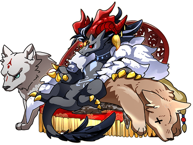 animal, black_hair, black_sclera, chair, clothed_animal, colored_sclera, dragon, dragon_village_(series), dragon_village_collection, fur-tipped_tail, game_cg, gem, head_chain, horn_ornament, horns, jewelry, multicolored_hair, no_humans, official_art, pelt, red_eyes, red_gem, sitting, streaked_hair, third-party_source, transparent_background, vaska_(dragon_village), vaska_(lord_of_grassland)_(dragon_village), wolf